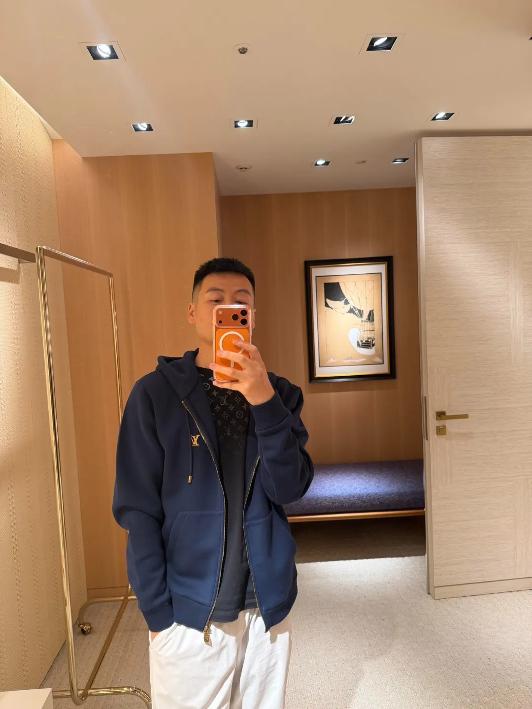 Louis Vuitton/Louis Vuitton leather logo zipper hooded sweatshirt